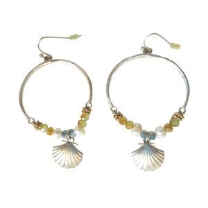 Vintage  Beaded Hoop Dangle Shell Charm Earrings Sterling Silver Plated Hooks